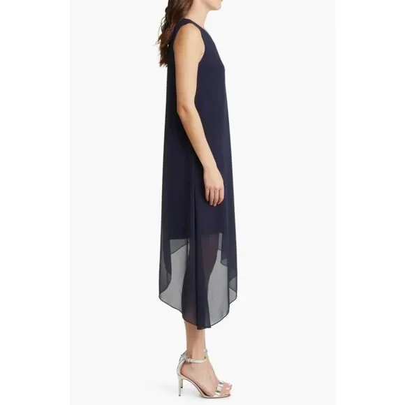 NWOT SAMPLE Kobi Halperin Pixie High-Low Semi-Sheer Georgette Dress in Navy Sz S